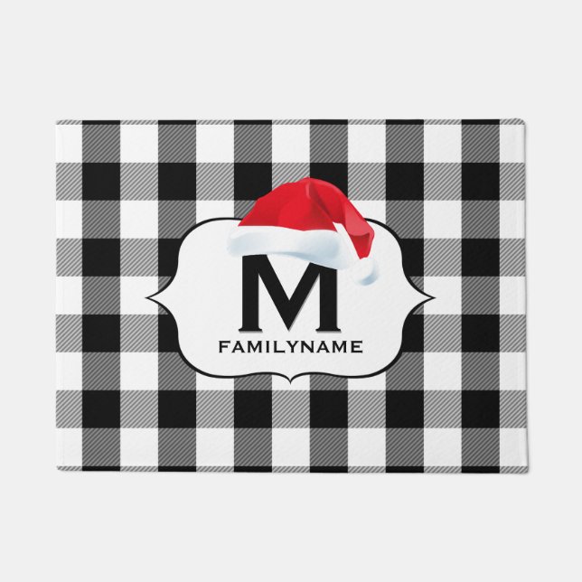 Santa Kerstzwarte witte Buffalo-chequemonogram Deurmat (Voorkant)