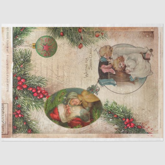 Santa, Kinderen, Pine & Holly Decoupage Tissuepapier (Voorkant)