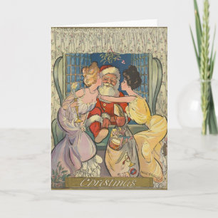 Santa Kissing Vintage Christmas Kaart