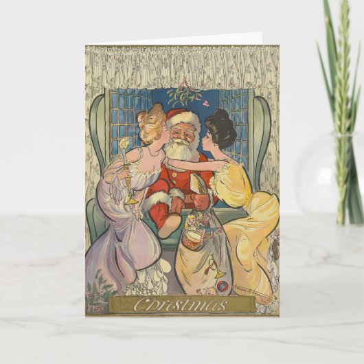 Santa Kissing Vintage Christmas Kaart (Voorkant)