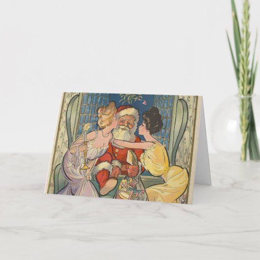 Santa Kissing Vintage Christmas Kaart (Voorkant)