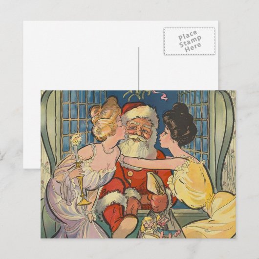 Santa Kissing Vintage Christmas Kaart (Voorkant / Achterkant)