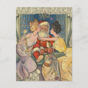 Santa Kissing Vintage Christmas Kaart