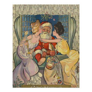 Santa Kissing Vintage Christmas Kaart Perfect Poster