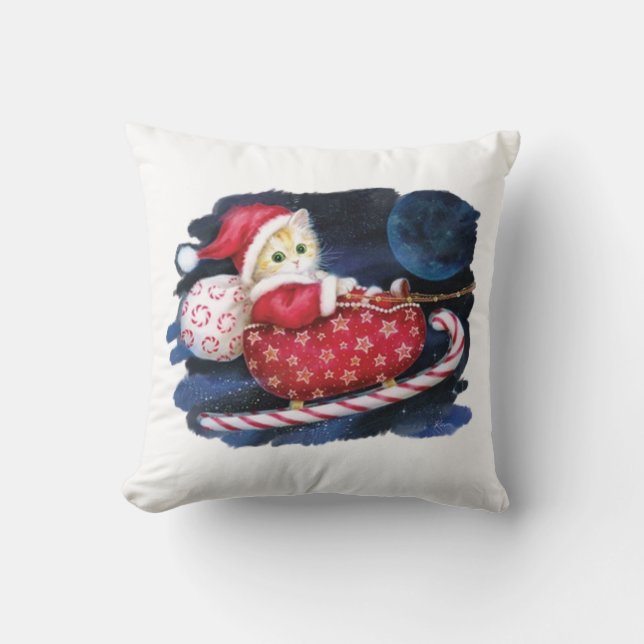 Santa Kitten in Sleigh Pillow - Schattigee kerstka Kussen (Voorkant)