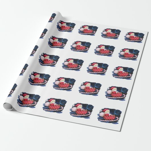 Santa Kitten in Sleigh Wrapping Paper - Schattig Cadeaupapier (Uitgerold)