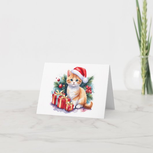 Santa Kitten (sinaasappel/wit) met Cadeaus BLANK Feestdagen Kaart (Voorkant)