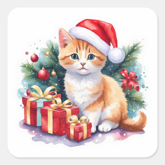 Santa Kitten (sinaasappel/wit) met Cadeaus Vierkante Sticker (Voorkant)