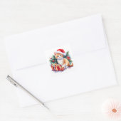 Santa Kitten (sinaasappel/wit) met Cadeaus Vierkante Sticker (Envelop)