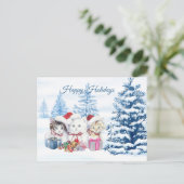 Santa kittens, pijnbomen kerst briefkaart (Staand voorkant)