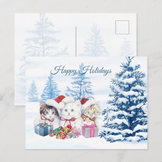 Santa kittens, pijnbomen kerst briefkaart (Voorkant / Achterkant)