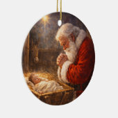 Santa Kneeling at the Manger Nativity Keramisch Ornament (Rechts)
