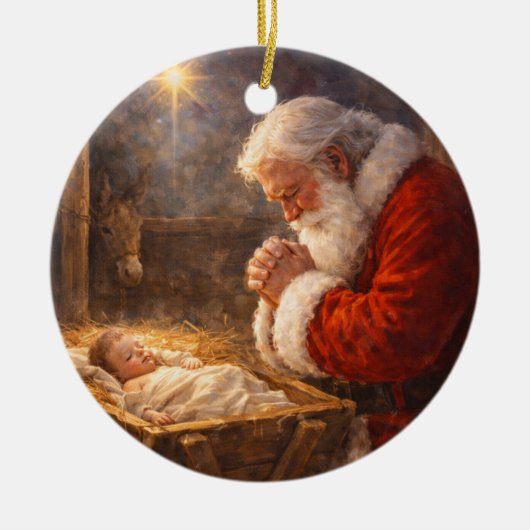Santa Kneeling at the Manger Nativity Keramisch Ornament (Voorkant)