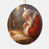 Santa Kneeling at the Manger Nativity Keramisch Ornament (Links)