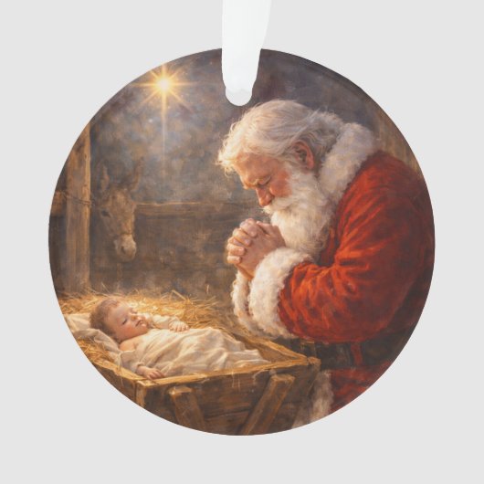 Santa Kneeling at the Manger Nativity Ornament (voorkant)