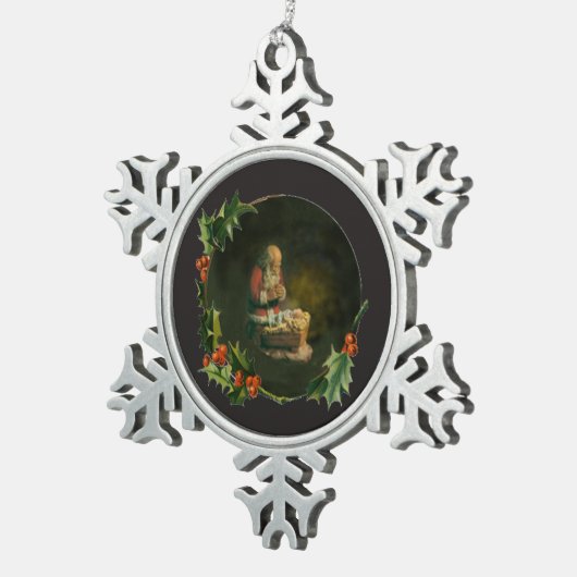 Santa Kneeling bij de versiering van Manger Tin Sneeuwvlok Ornament (Rechts)