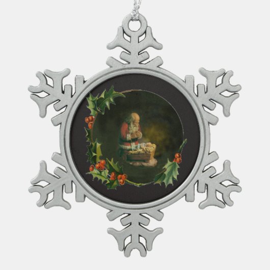 Santa Kneeling bij de versiering van Manger Tin Sneeuwvlok Ornament (Voorkant)