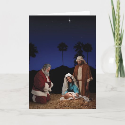 Santa Kneeling op Nativiteit Feestdagen Kaart (Voorkant)