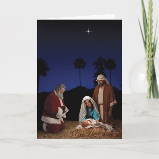 Santa Kneeling op Nativiteit Feestdagen Kaart (Voorkant)