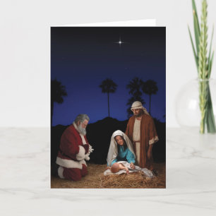 Santa Kneeling op Nativiteit Feestdagen Kaart