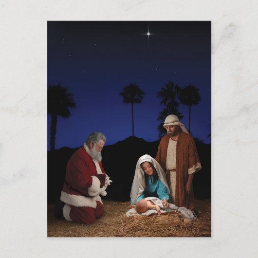 Santa Kneeling op Nativiteit Feestdagenkaart (Voorkant)