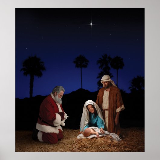 Santa Kneeling op Nativiteit Poster (Voorkant)