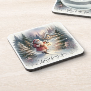Santa Lantaarn Wandel Winter Cottage Scene Bier Onderzetter