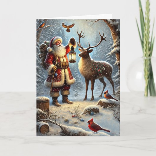 Santa Lantern Rendier Birds Snowy Forest 1 Feestdagen Kaart (Voorkant)
