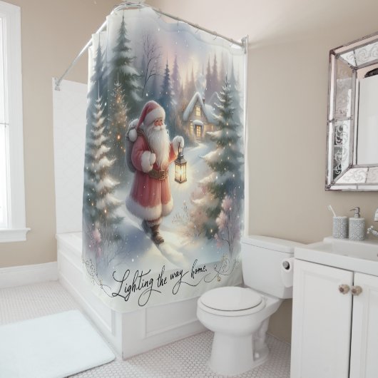 Santa Lantern Walk Winter Cottage Scene Douchegordijn (In situ)