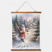Santa Lantern Walk Winter Cottage Scene Hangend Wandkleed (Voorkant)