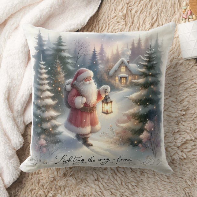 Santa Lantern Walk Winter Cottage Scene Kussen (Deken)