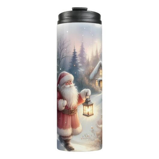 Santa Lantern Walk Winter Cottage Scene Thermosbeker (Voorkant)