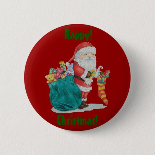 santa levert cadeaus in sack voor kerstmis ronde button 5,7 cm (Voorkant)