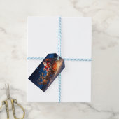 Santa levert speelgoed op een helling met rendiere cadeaulabel (Met Touw)