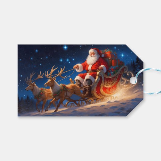 Santa levert speelgoed op een helling met rendiere cadeaulabel (Voorkant (Horizontaal))