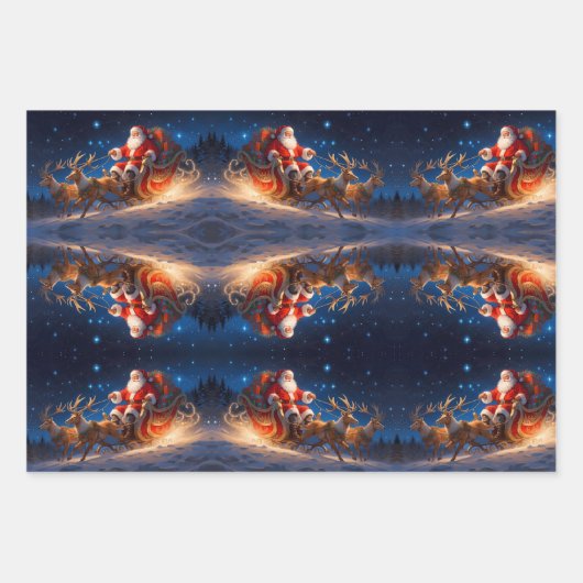 Santa levert speelgoed op een helling met rendiere inpakpapier vel (Voorkant 3)