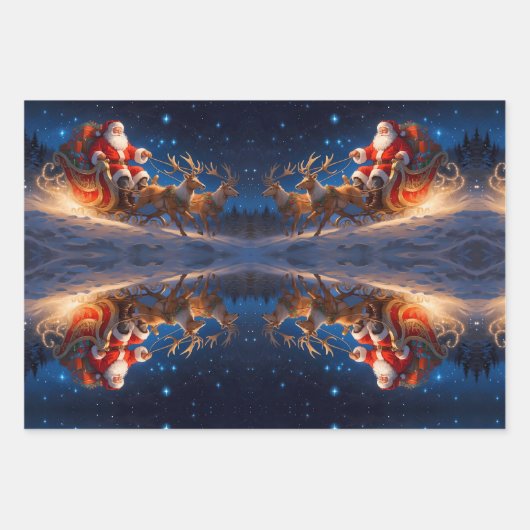 Santa levert speelgoed op een helling met rendiere inpakpapier vel (Voorkant)