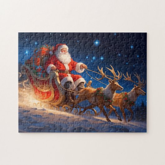 Santa levert speelgoed op een helling met rendiere legpuzzel (Horizontaal)