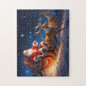 Santa levert speelgoed op een helling met rendiere legpuzzel (Verticaal)