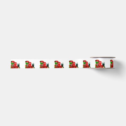 Santa Loading Sleigh White Ribbon Satijnen Lint (Voorkant)