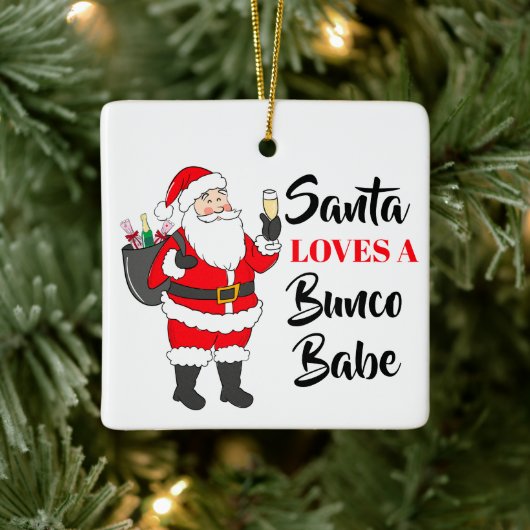 Santa Loves A Bunco Babe Funny Wine Custom Keramisch Ornament (Boom)