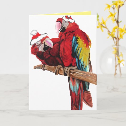 Santa Macaws Red Parrot kerstkaart Kaart (Gele Bloem)