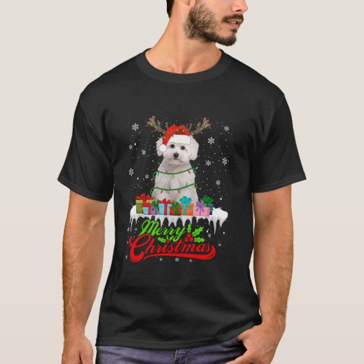 Santa Maltese hond Kerstmis Pyjama Xmas Lights T-shirt (Voorkant)