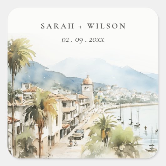 Santa Marta Colombia Watercolor Landscape Wedding Vierkante Sticker (Voorkant)