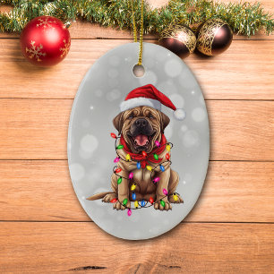 Santa Mastiff hond verpakt in kerstverlichting Keramisch Ornament
