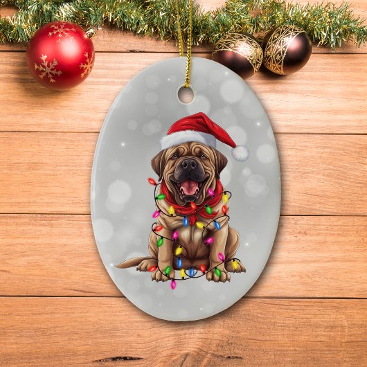 Santa Mastiff hond verpakt in kerstverlichting Keramisch Ornament