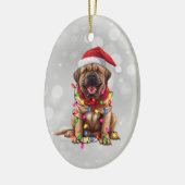 Santa Mastiff hond verpakt in kerstverlichting Keramisch Ornament (Links)