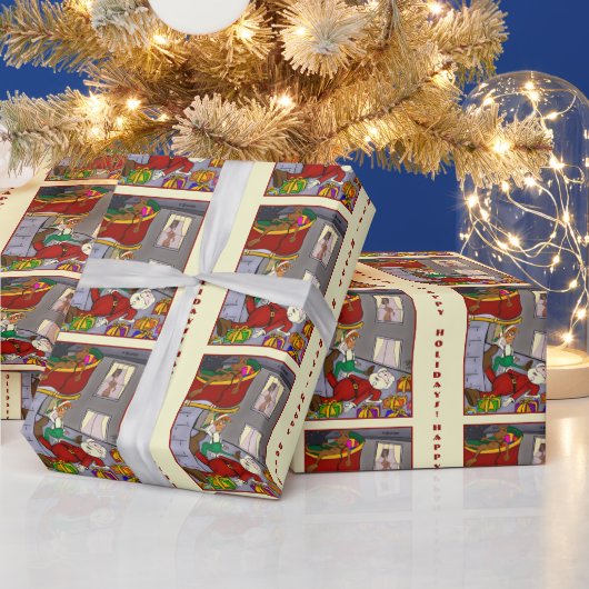 Santa Meeting Mrs Santa Yellow Wrapping Paper Cadeaupapier (Feestdagen)