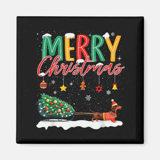 Santa Merry Christmas Dachshund Sleigh Dog Lover X Magneet (Voorkant)