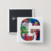 SANTA MET BALLOONS EN CHRISTMAS TREE G MONOGRAM VIERKANTE BUTTON 5,1 CM (Voorkant /achterkant)